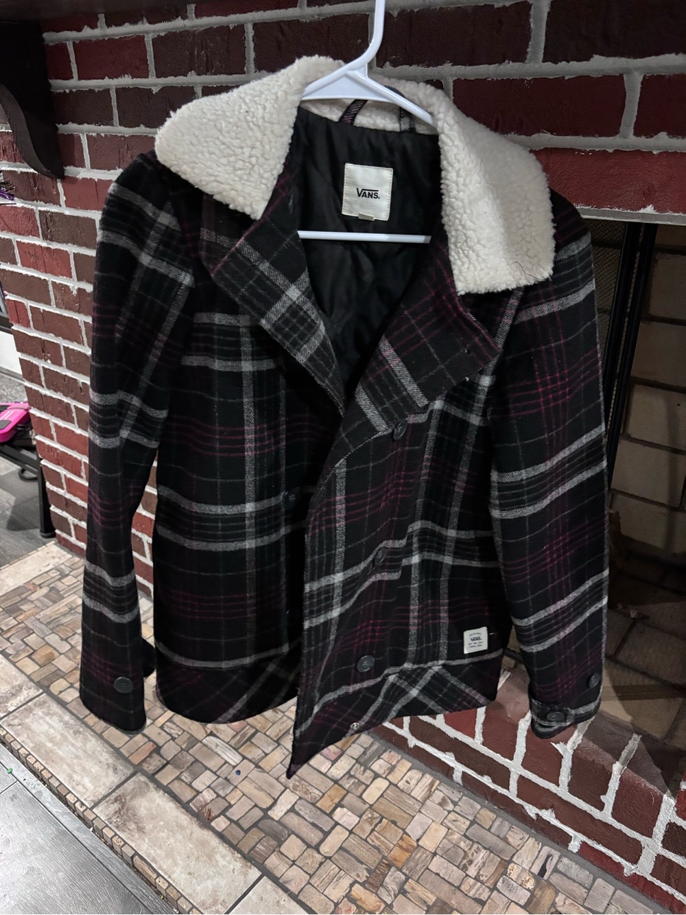 Vans Black & Burgundy Plaid Sherpa Collar Pea Coat